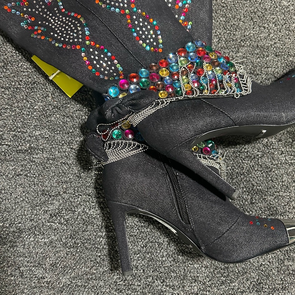 Gianni Bini Blue Over the Knee Boots with Multicolor Embellishments - Picture 2 of 3